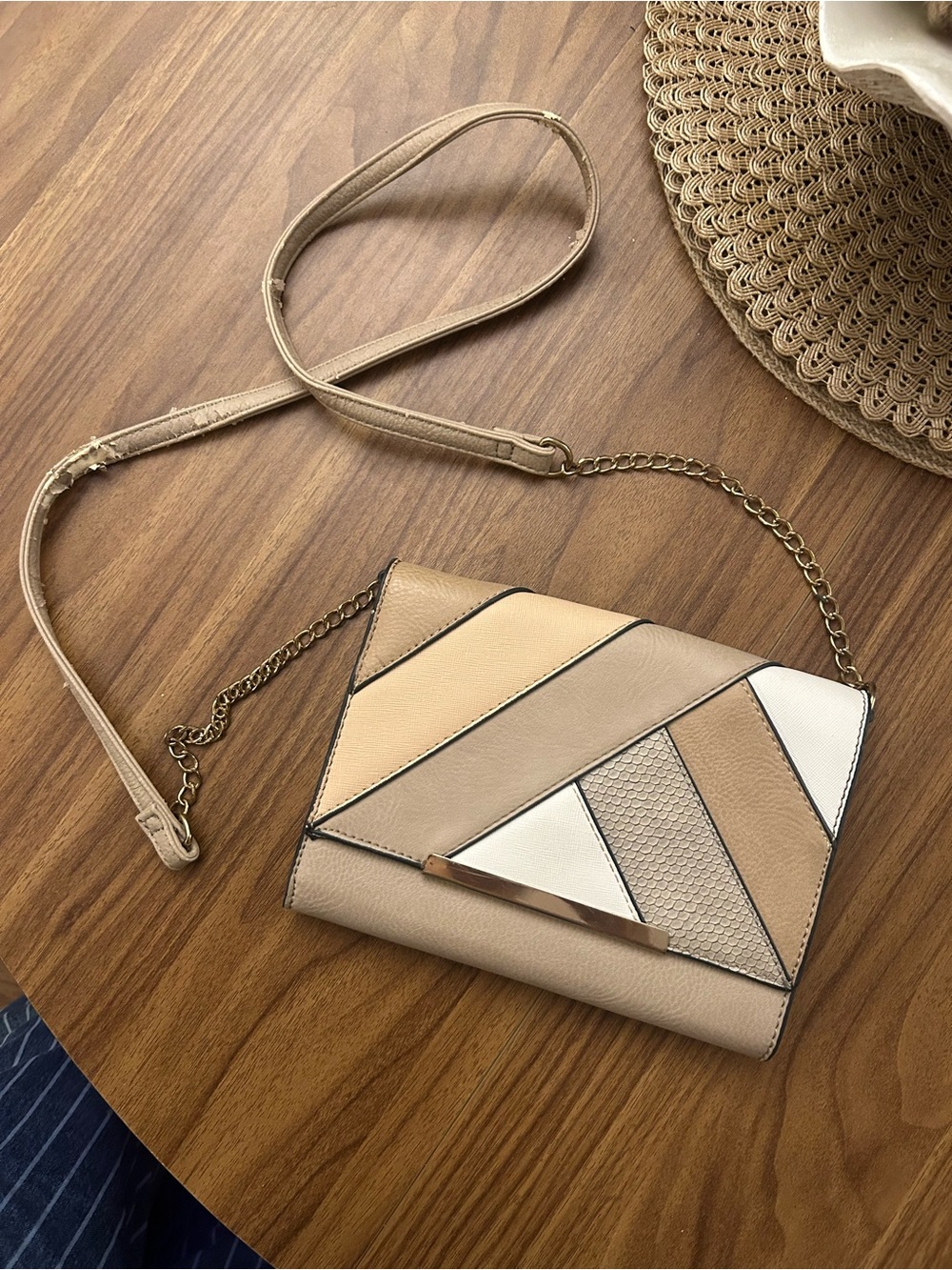 Call It Spring Neutral Patchwork Crossbody Clutch in Beige, Tan, White